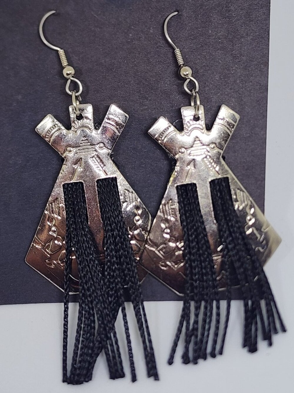 Indian Teepee Concho Black Western Handmade Dangle Pierced Earrings